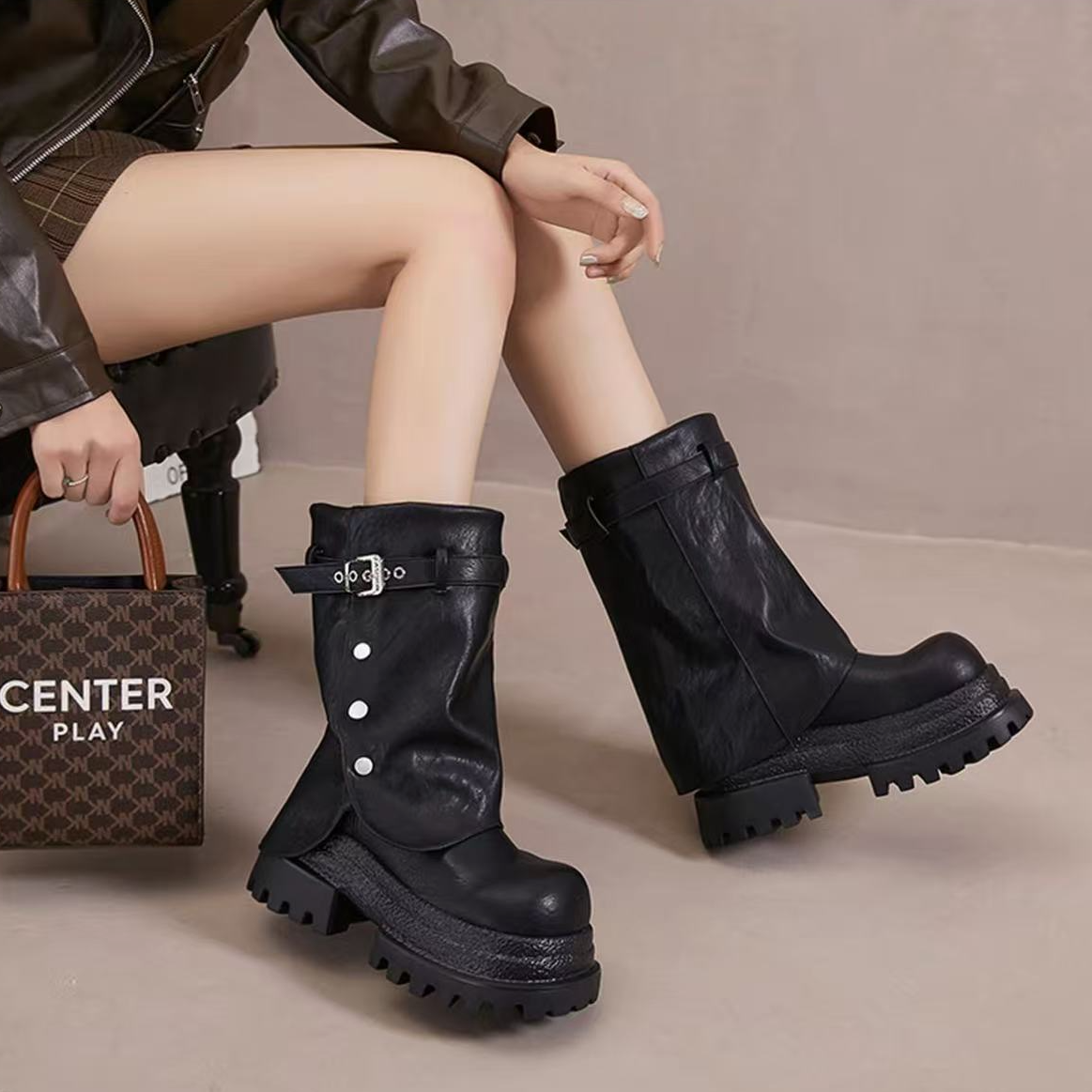 2586  做旧防水台英伦后拉链漆皮马丁靴长筒厚底单靴高帮