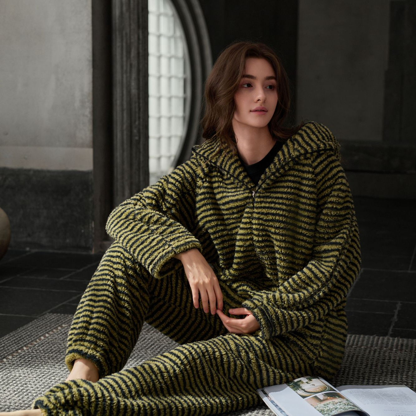 家乐芬条纹冬季睡衣女冬季加厚加绒半边绒睡衣秋冬家居服长袖长裤