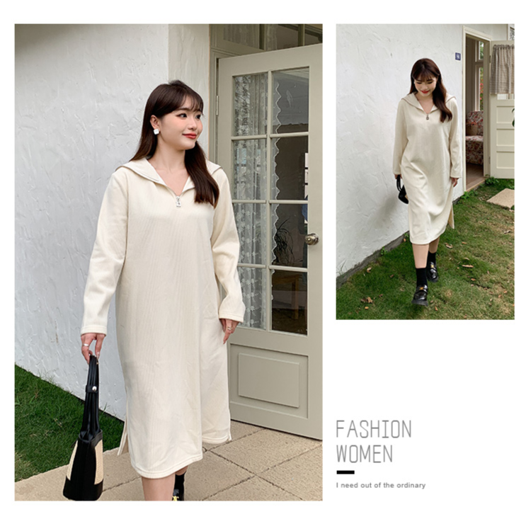 V领常规秋冬季长裙长袖A字裙大码连衣裙海军领加绒200斤胖妹妹MM