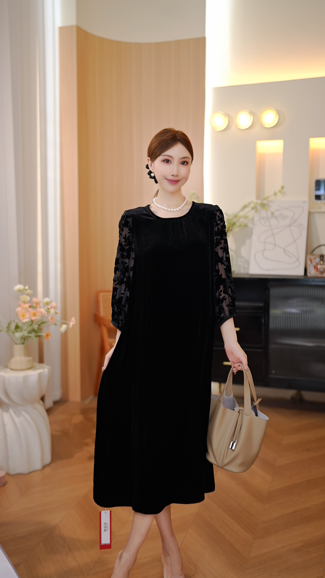 【DuShang】秋季时尚优雅烧花袖子桑蚕丝丝绒连衣裙TG1467