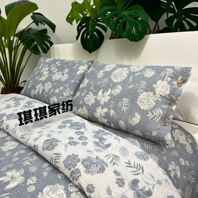 复古提花亲肤棉双层纱四件套--青灰花叙-1