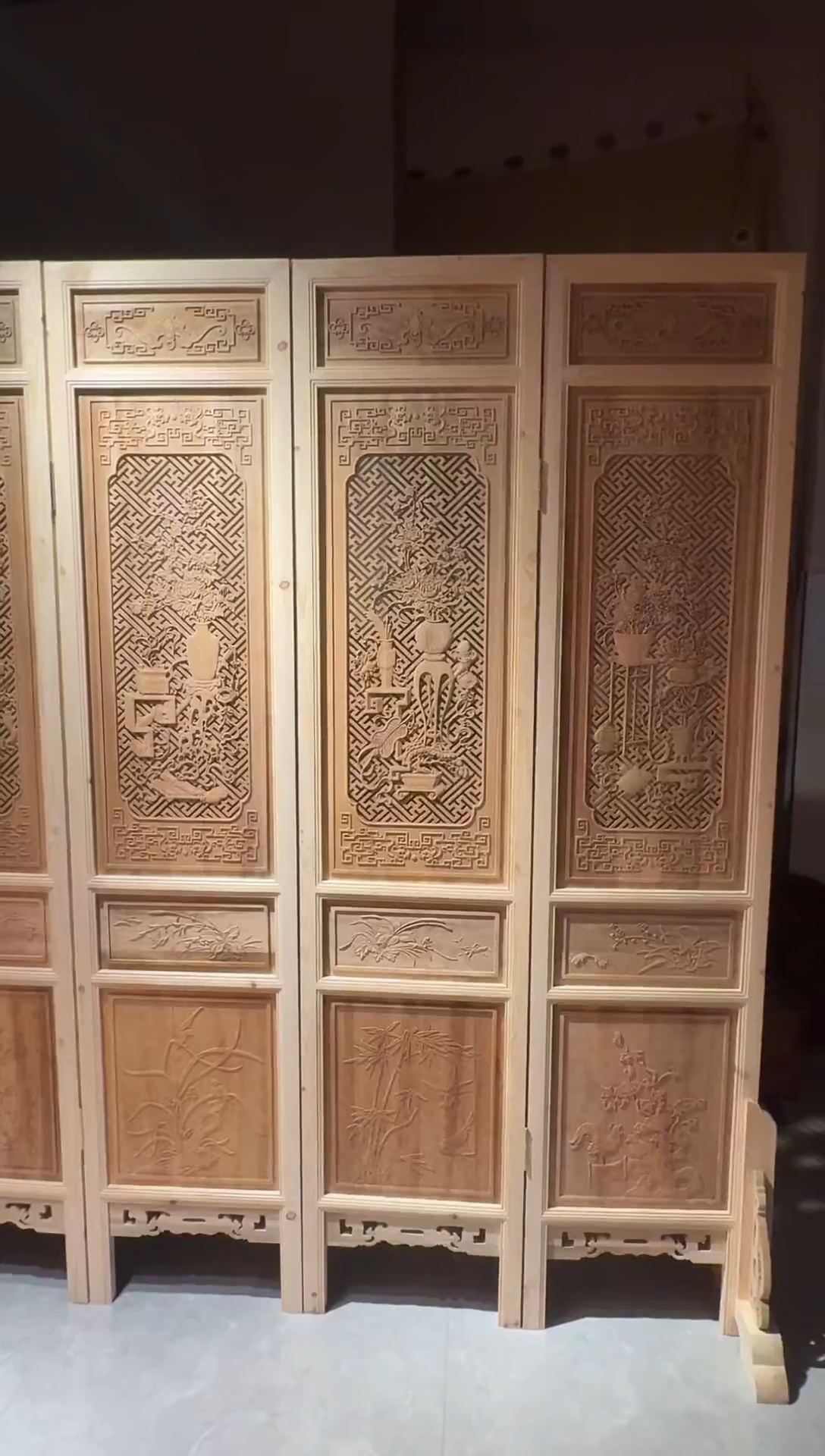 木（非红木类）囍*折屏三片白胚+脚架