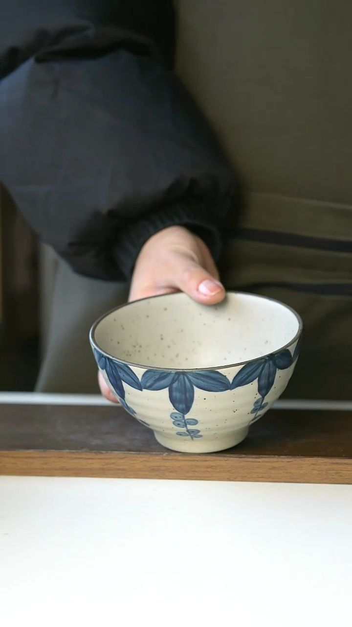 【闪购商品】陶瓷粗陶手绘葡萄叶米饭碗12cm@4-2@