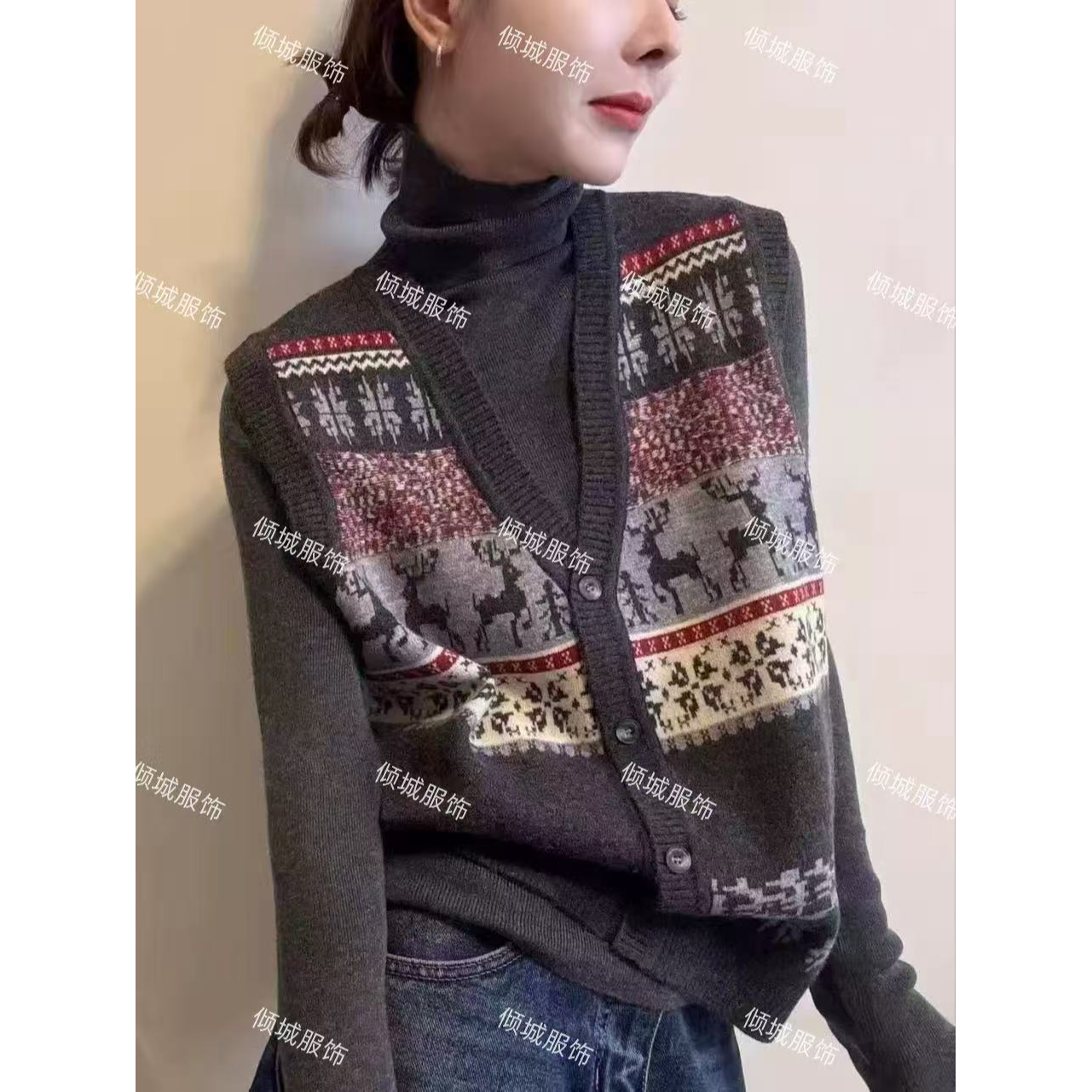 原创设计秋冬新款复古提花开衫V领针织毛衣马夹女B53