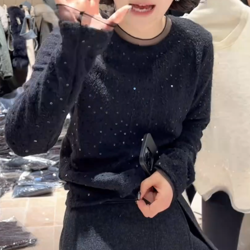 秋冬新款韩版气质长袖圆领亮片上衣拼接蕾丝LK2508585