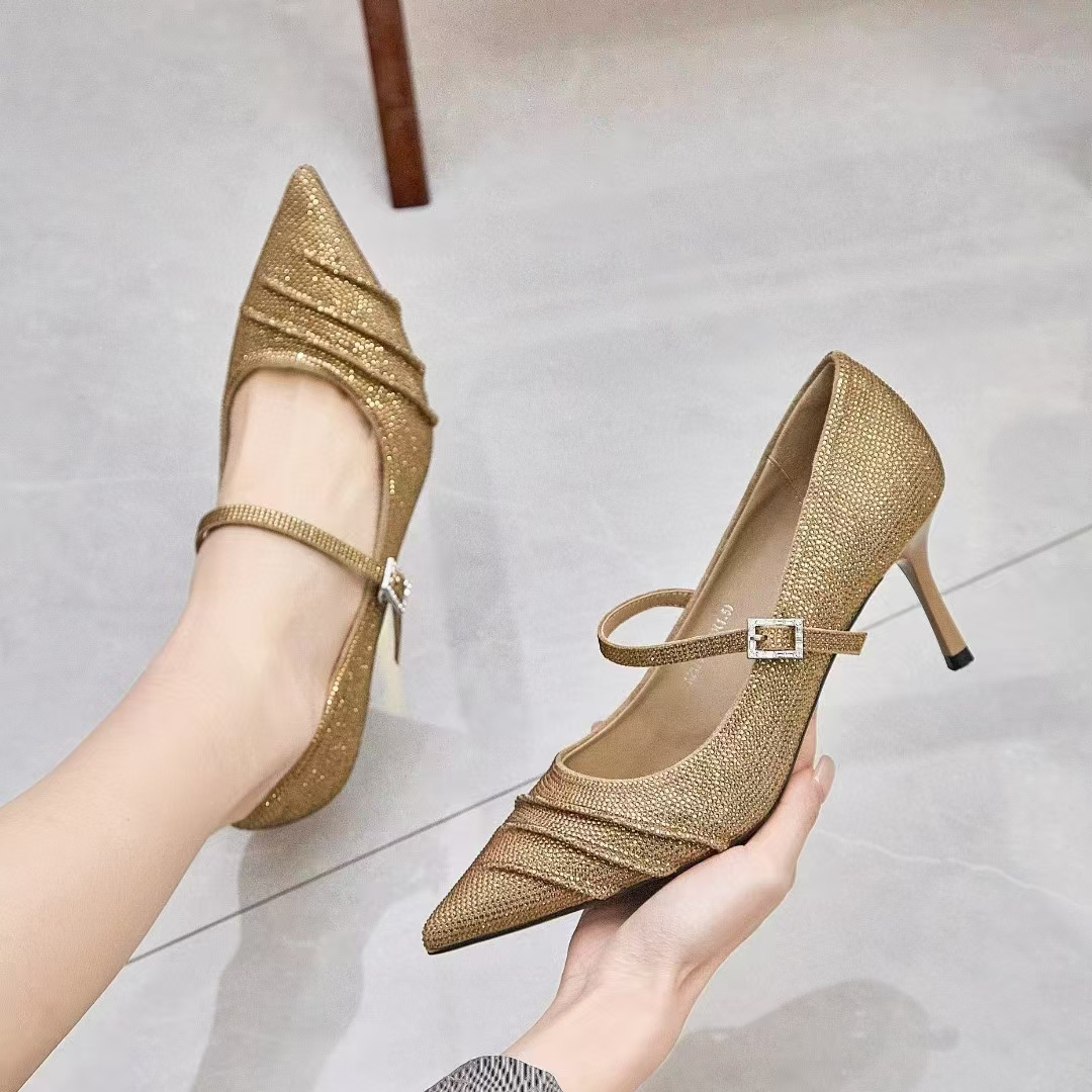 钎金鸟2325-1满钻高跟鞋一字扣防掉脚细跟单鞋2025早春季新款