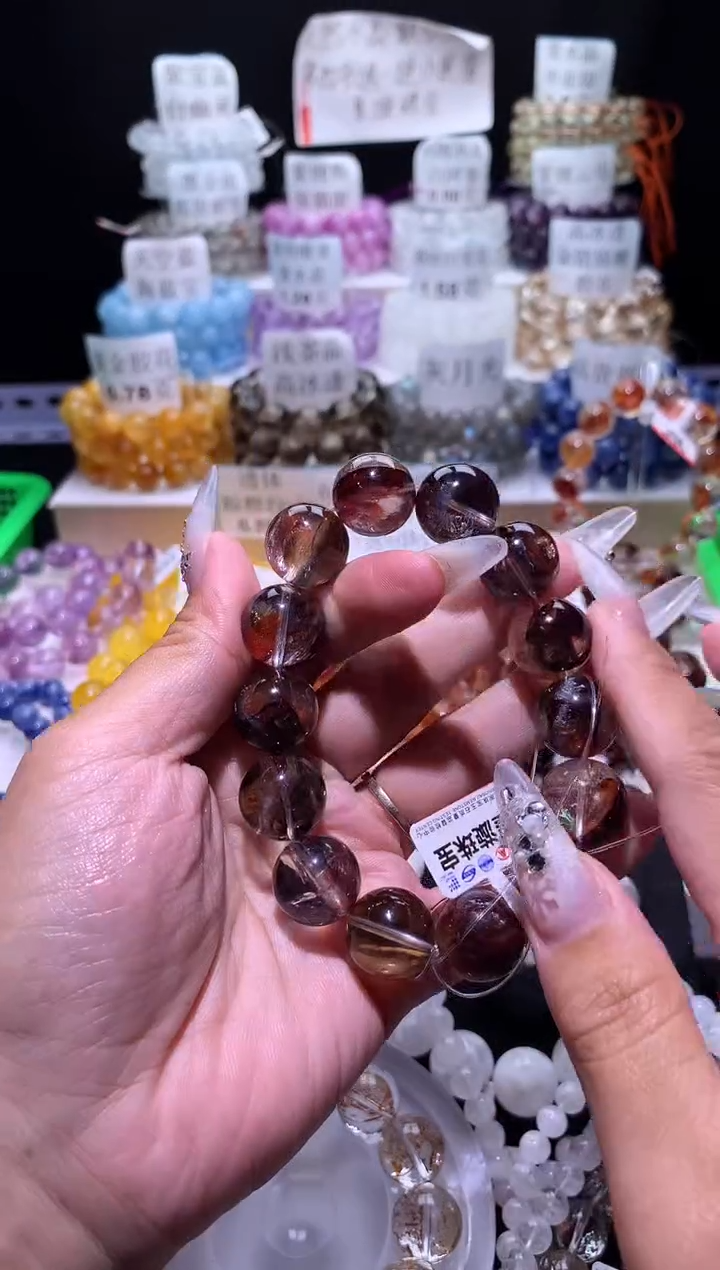 银S925镶嵌手链烟晶红胶花