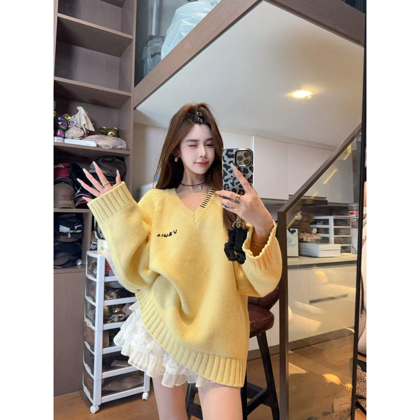 米娜家【韩女体验卡】泡菜订制奶黄色质感针织毛衣