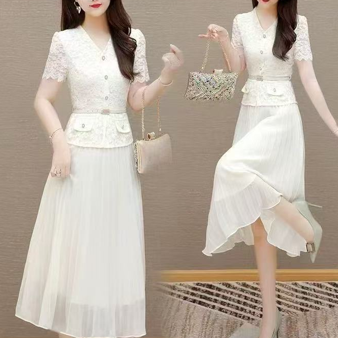 5810#白【木兮兮专属】2025年夏新款气质时尚百搭细闪中长款连衣裙