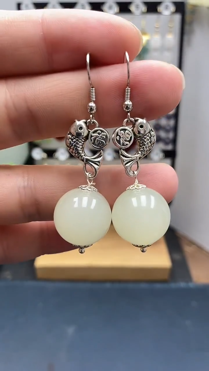 银S925镶嵌和田玉耳饰尺寸16mmA1