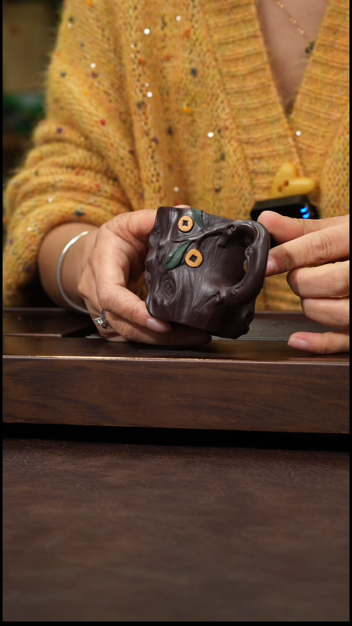 茶壶紫砂老紫泥树桩把杯