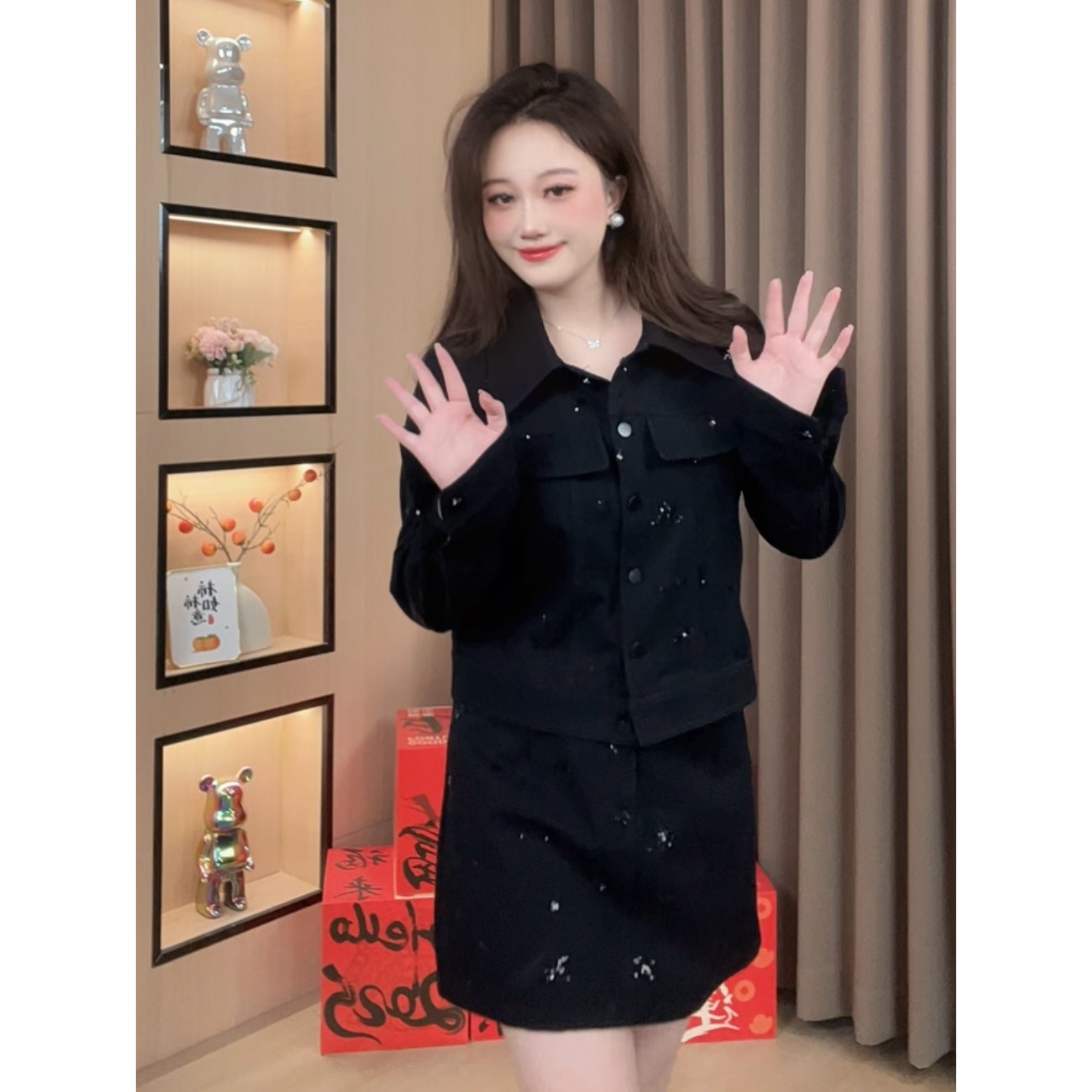 时尚设计感牛仔亮闪外套+半身裙LHC1733LuLu微胖定制~【LHC1733】