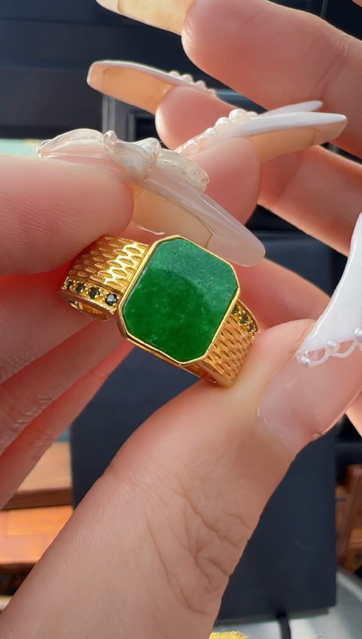 【闪购商品】翡翠戒指银S925镀金镶嵌天然缅甸翡翠A货戒指