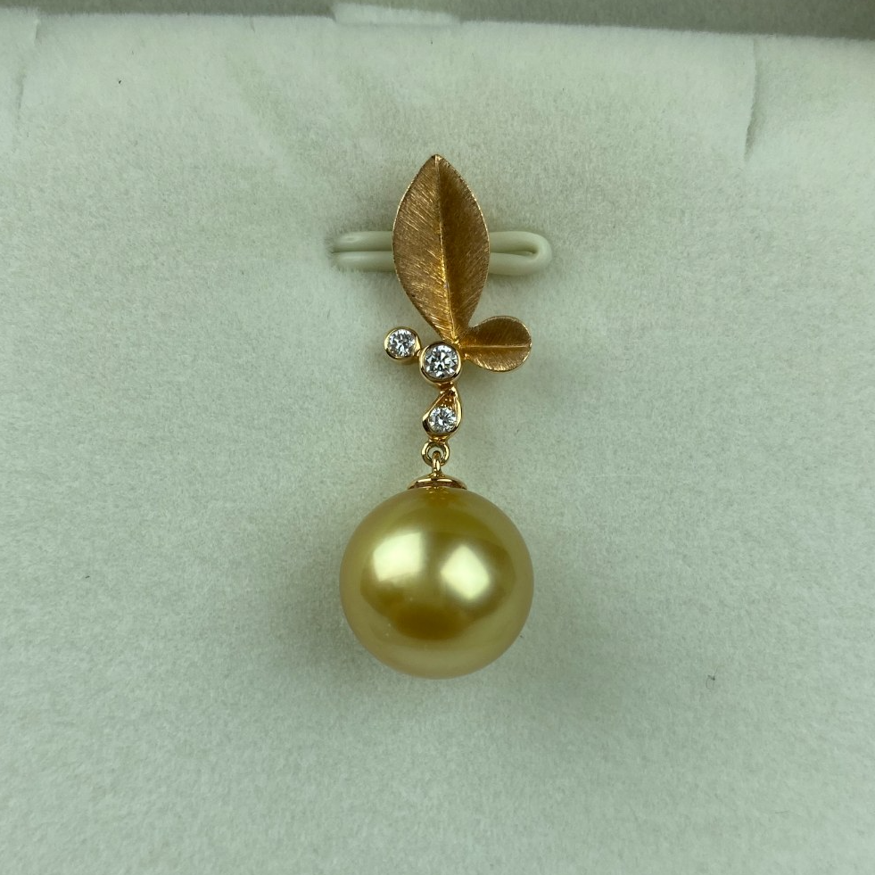 【限定孤品】海水珍珠南洋金珠吊坠11-12mm浓金18K金镶钻送人礼物