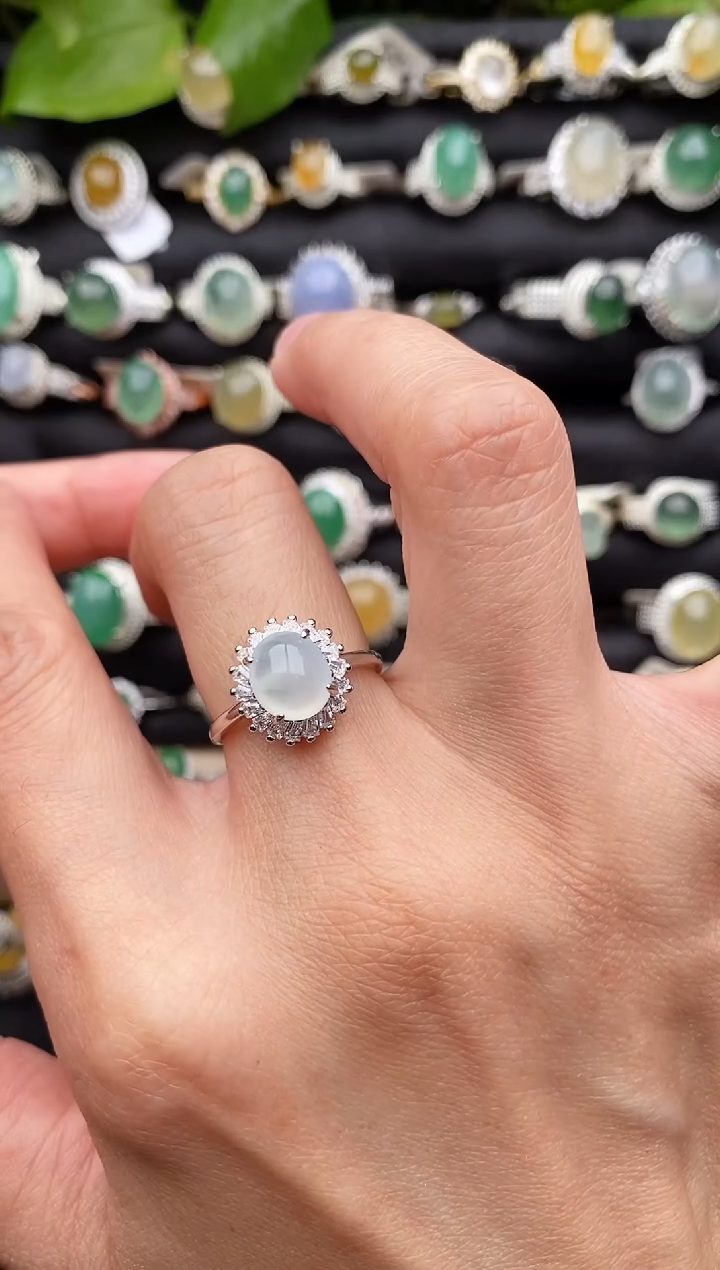 【闪购商品】翡翠戒指银S925镶嵌缅甸天然A货翡翠33   1-1