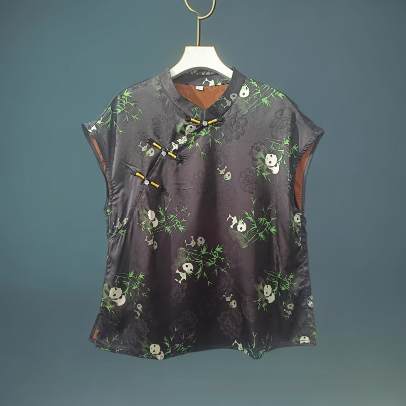 新中式冰凉丝滑萝缎大熊猫古风百搭上衣