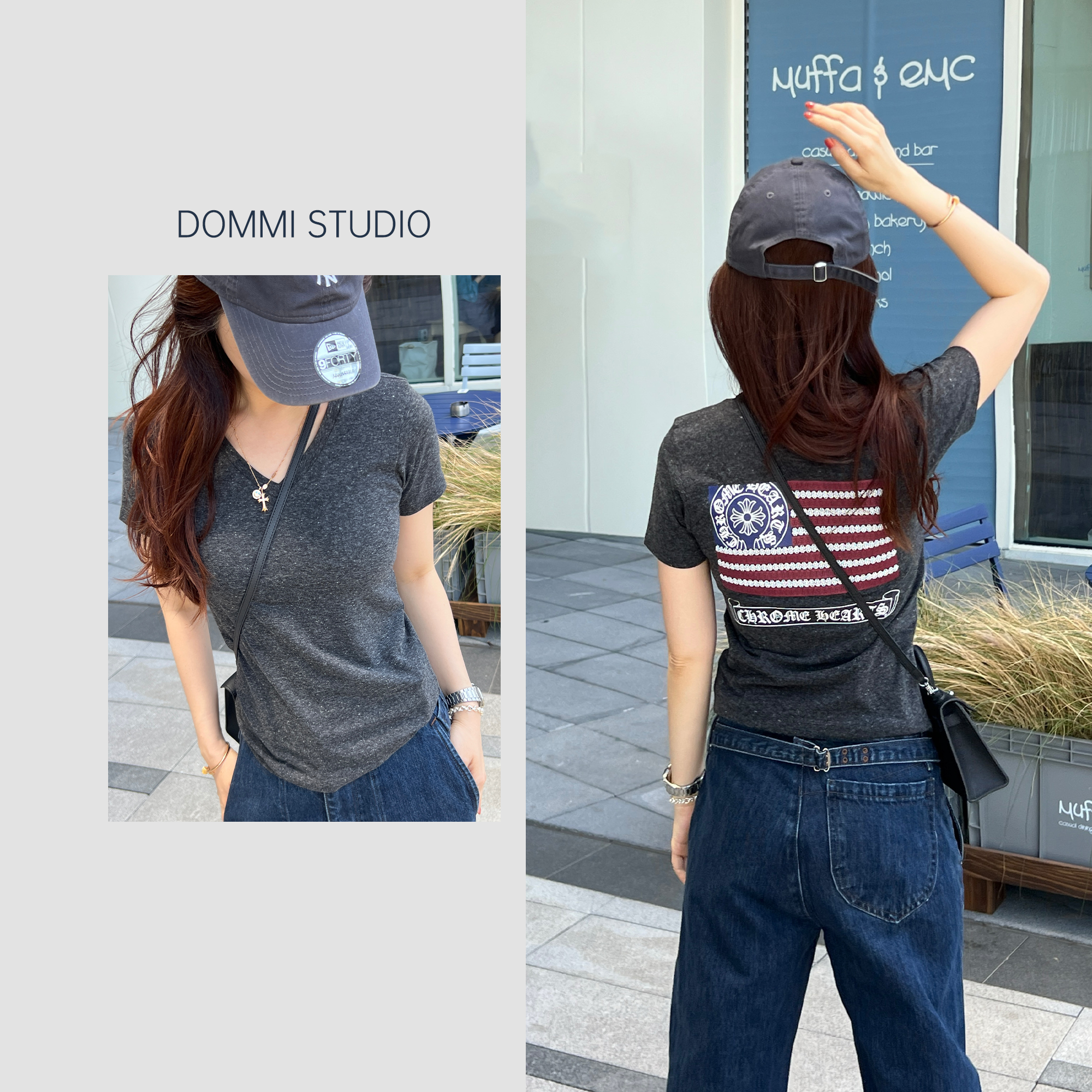 高品复古雪花棉梵文T恤夏季修身显瘦短袖 #68192