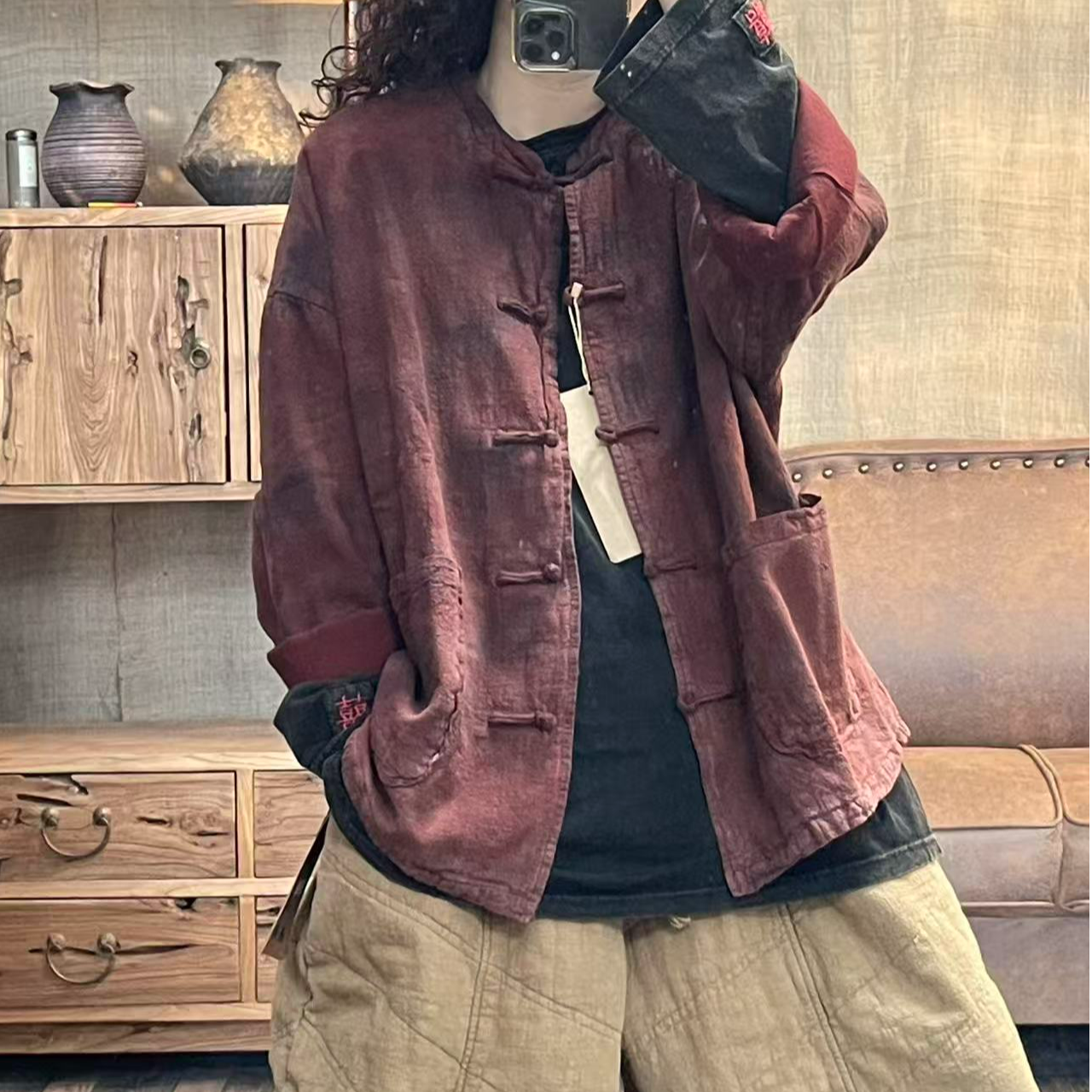 [四月阳光]春季亚麻双层炒色扎染复古女士休闲外套(长67胸围130)