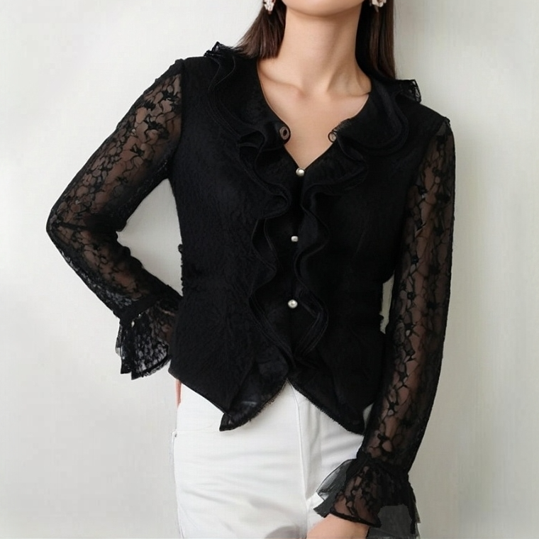 水溶气质蕾丝御姐风针织长袖法式镂空缎面衬衫黑色