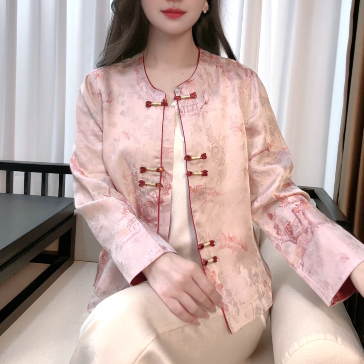 2025夏季新中式碎花国风外套女桑蚕丝衬衫时尚外套女S097