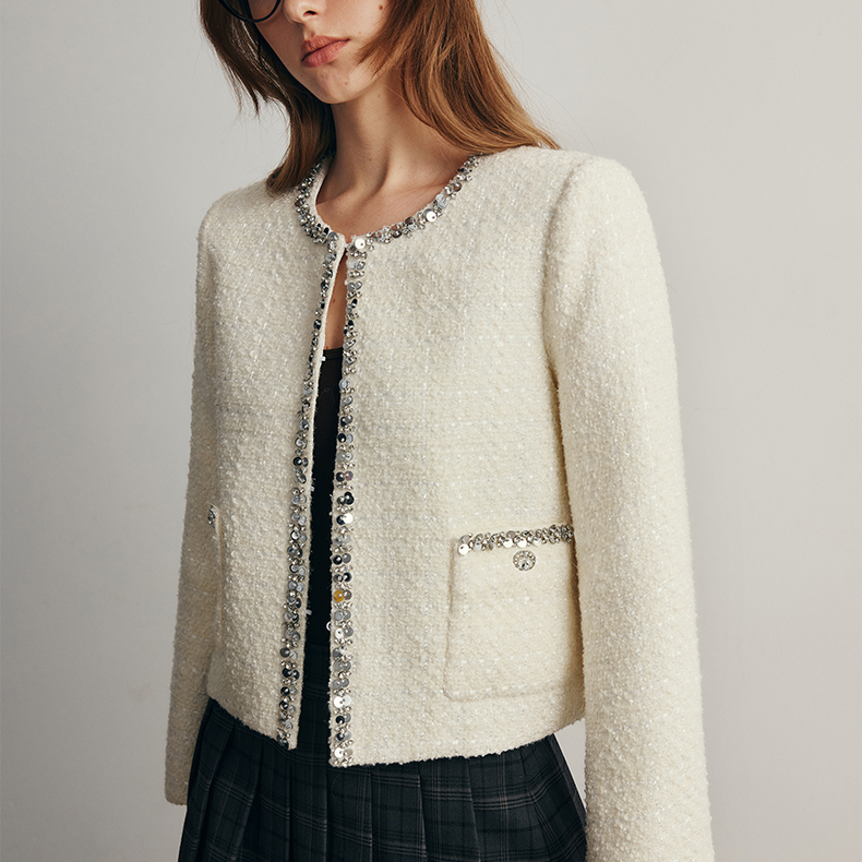 短外套小香风气质白色短款时尚百搭秋冬粗花呢长袖针织轻奢#00D