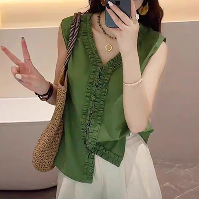 衣源5273#设计感木耳边无袖衬衫新款洋气v领背心上衣(长约56）