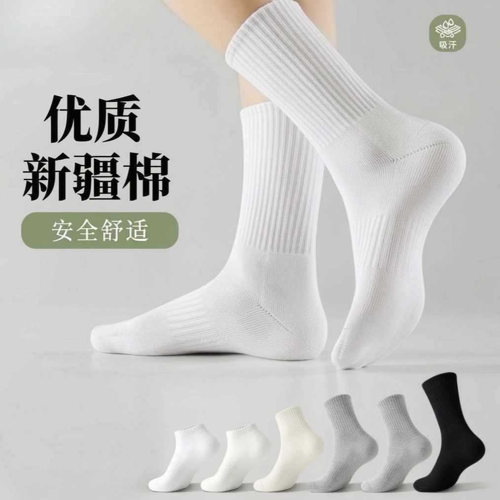 【到手10双装】新疆棉男女四季吸汗透气短中长筒纯色袜百搭运动