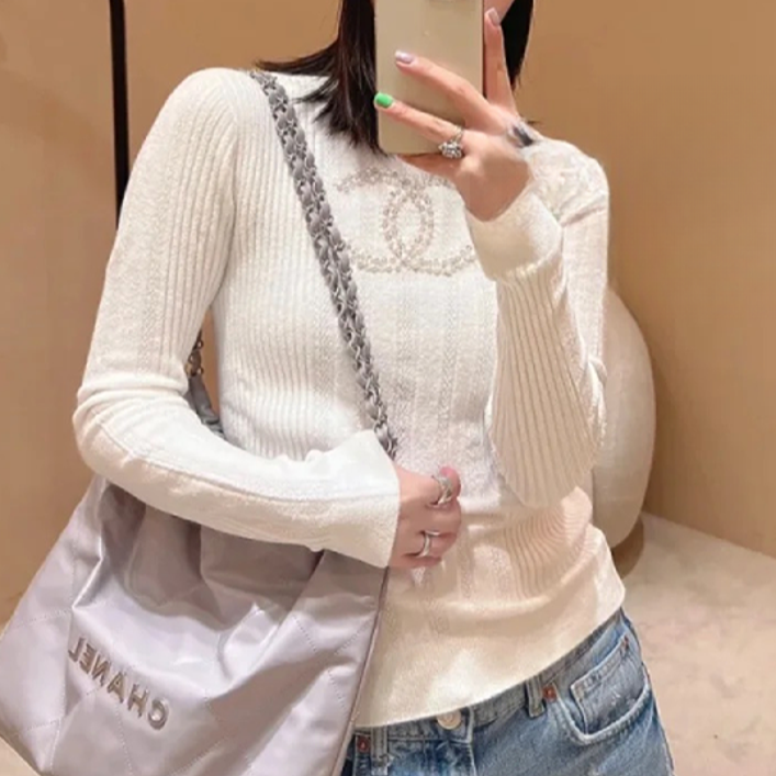 99新 Chanel/香奈儿 38码22B白色珍珠双C竖条纹针织打底上衣