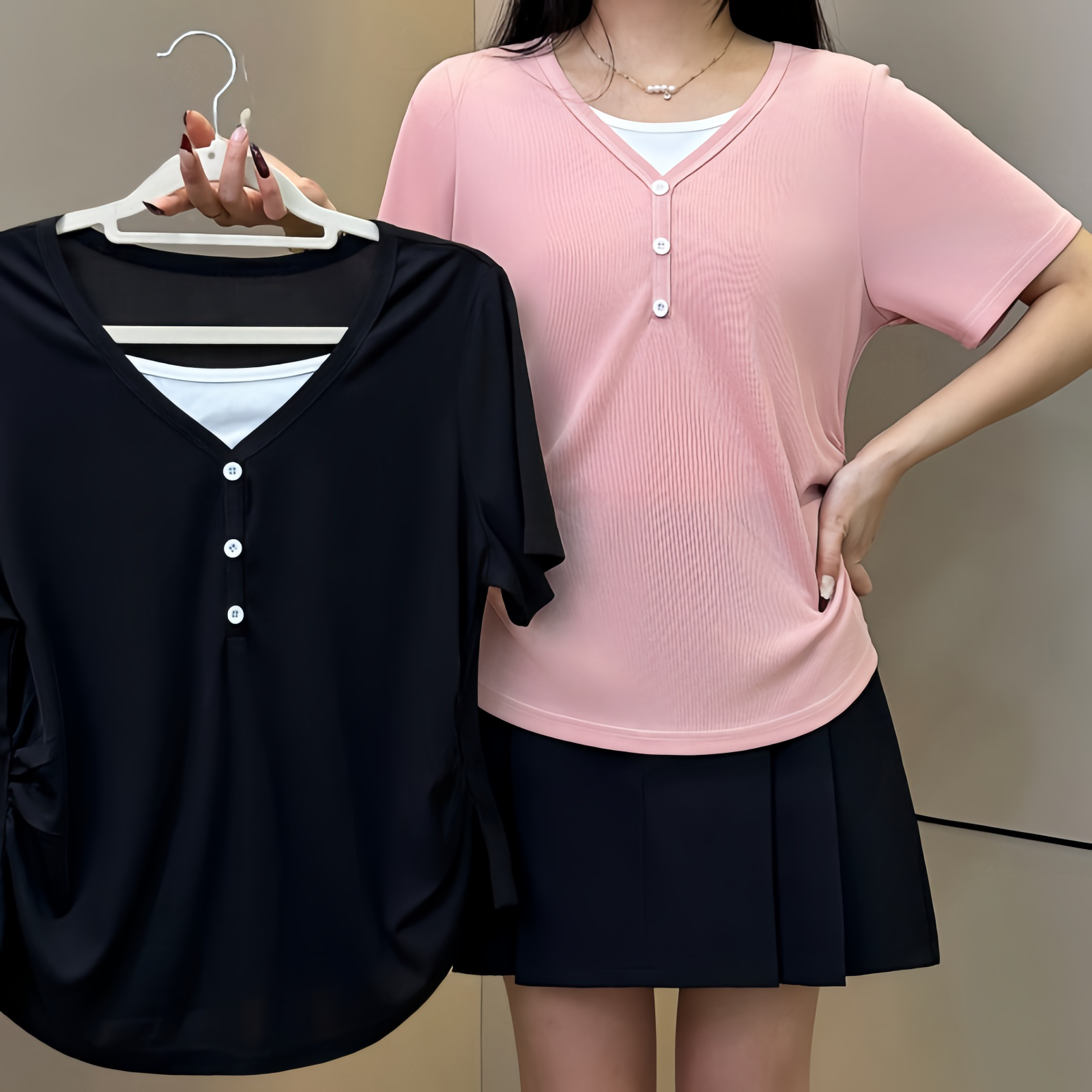 胖MM5店 D25003高级感正肩短袖T恤夏季短款修身收腰显瘦V领上衣