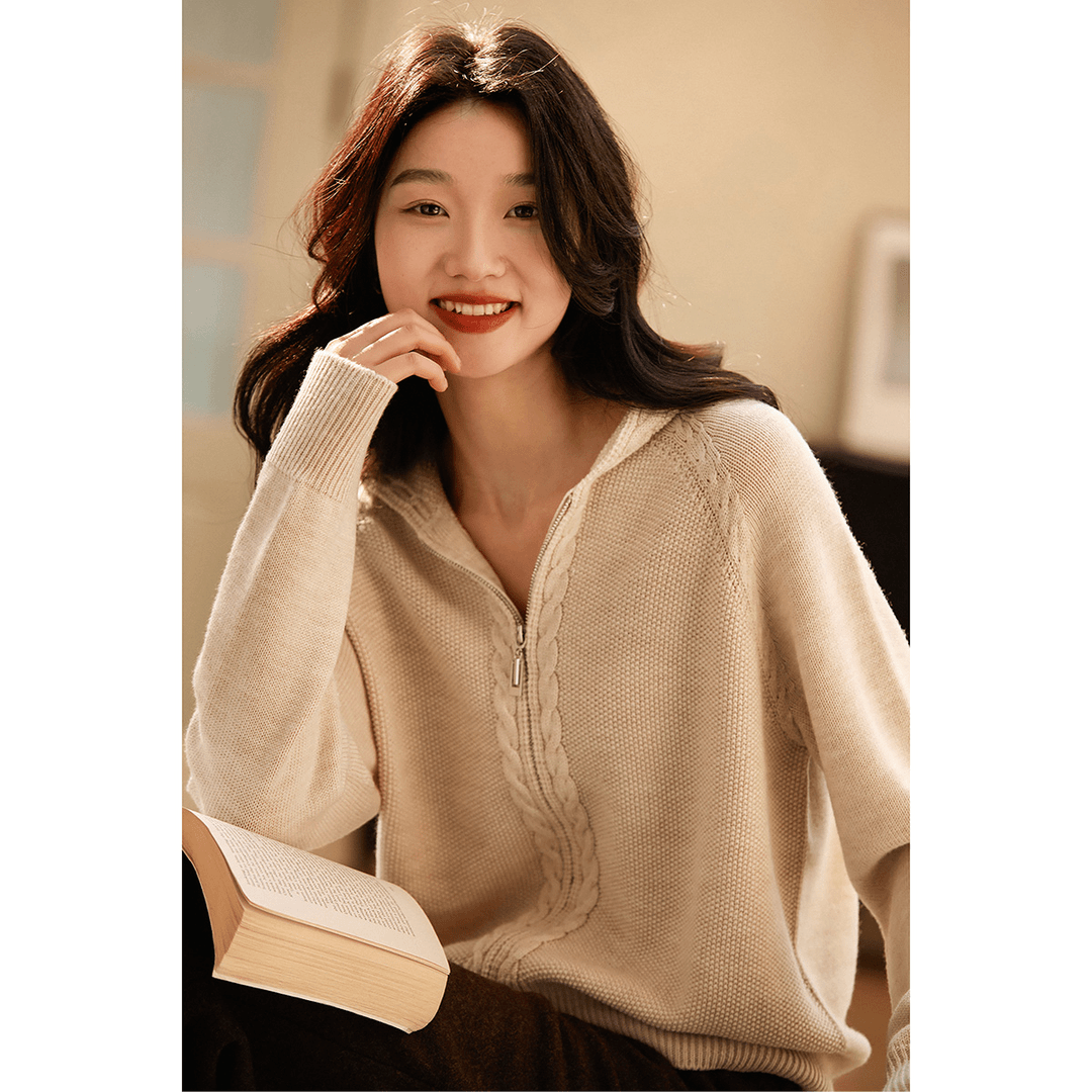 德国扬子纱100%绵羊毛双拉链连帽针织开衫女秋冬加厚保暖毛衣外套