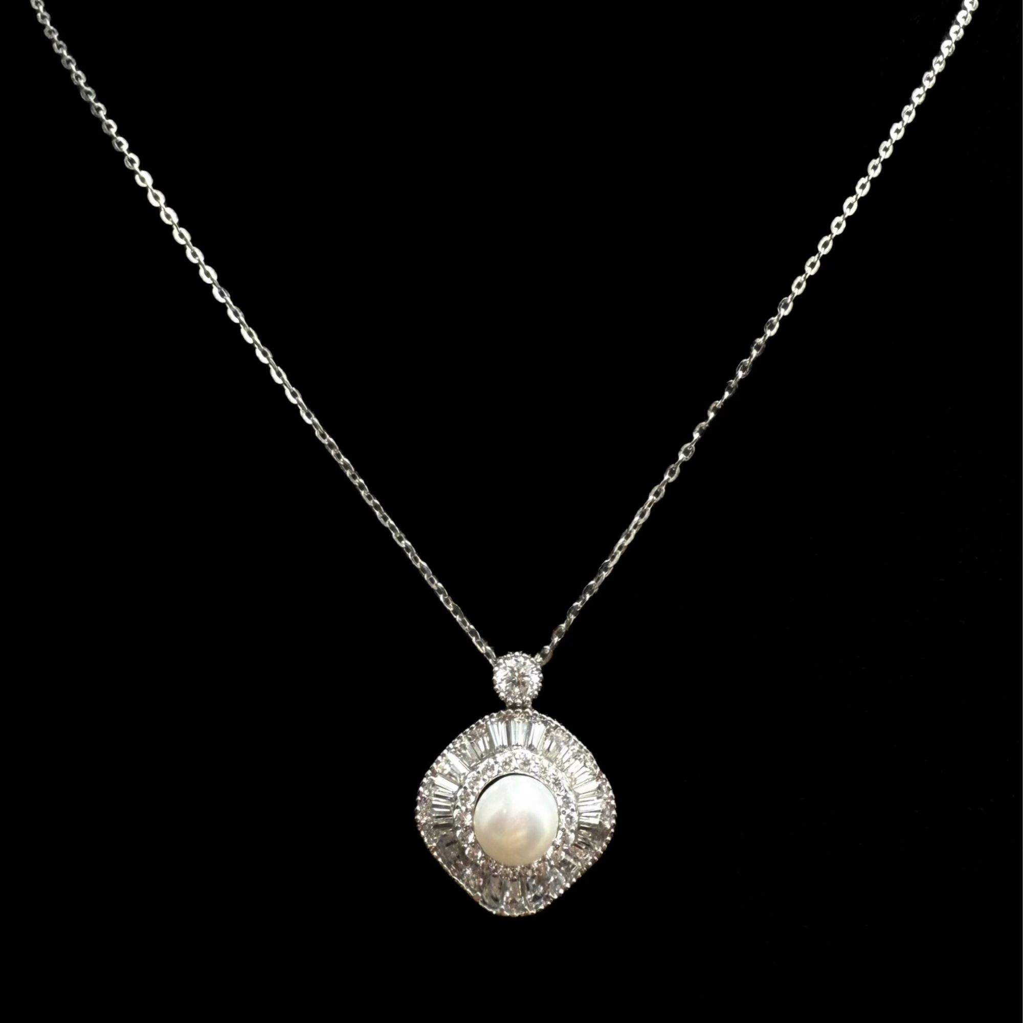 坠链均925银仿珍珠 满钻镶嵌吊坠强光珠珠项链轻奢百搭