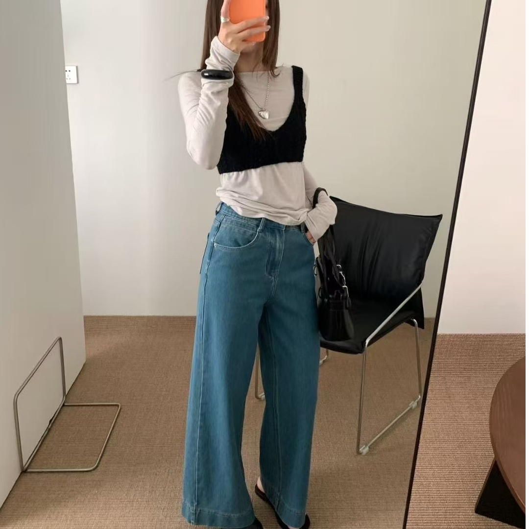 GL韩版弹力高腰宽松显瘦百搭牛仔女春款小个子直筒九分奶奶裤3630