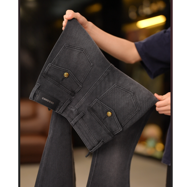 【茶灰色】高腰辣妹洗千金风牛仔女裤秋冬季紧身复古微喇裤提臀显瘦