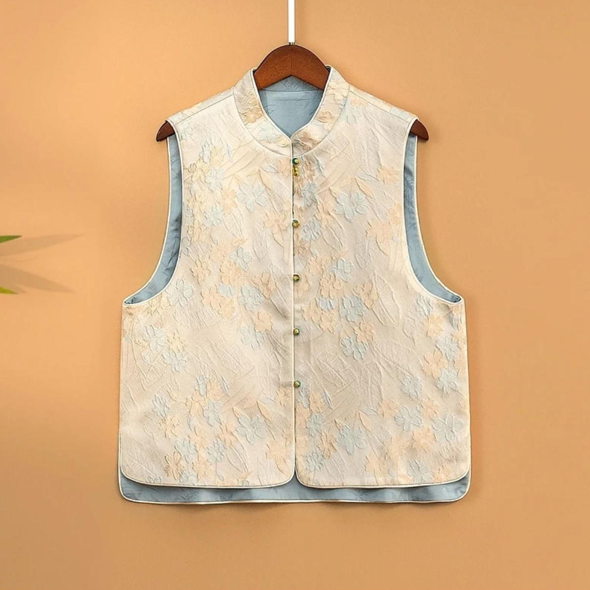 新中式无袖丝马甲印花女士马夹立领复古宽松上衣春季夏季提花