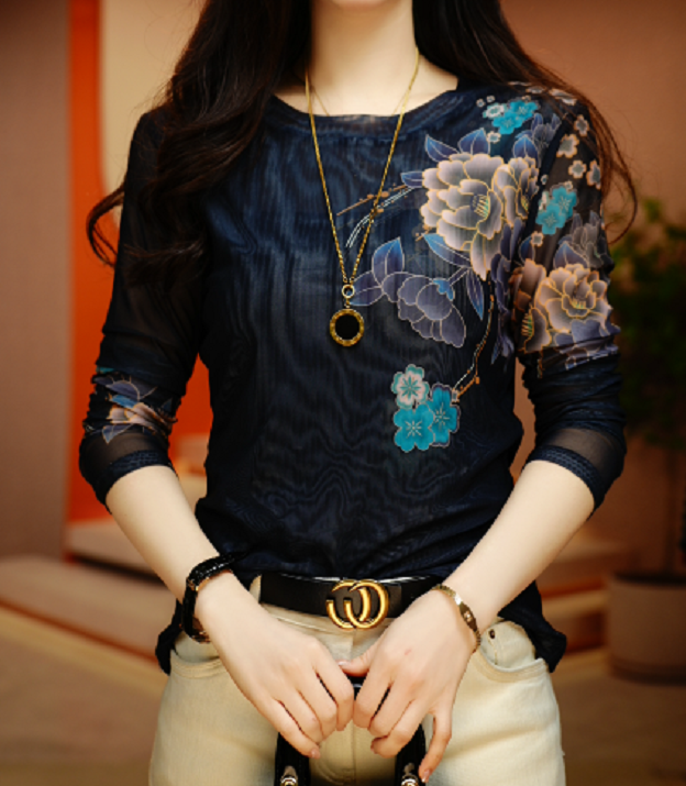 新款肌肤网纱上衣小衫透气双层高级百搭套头洋气