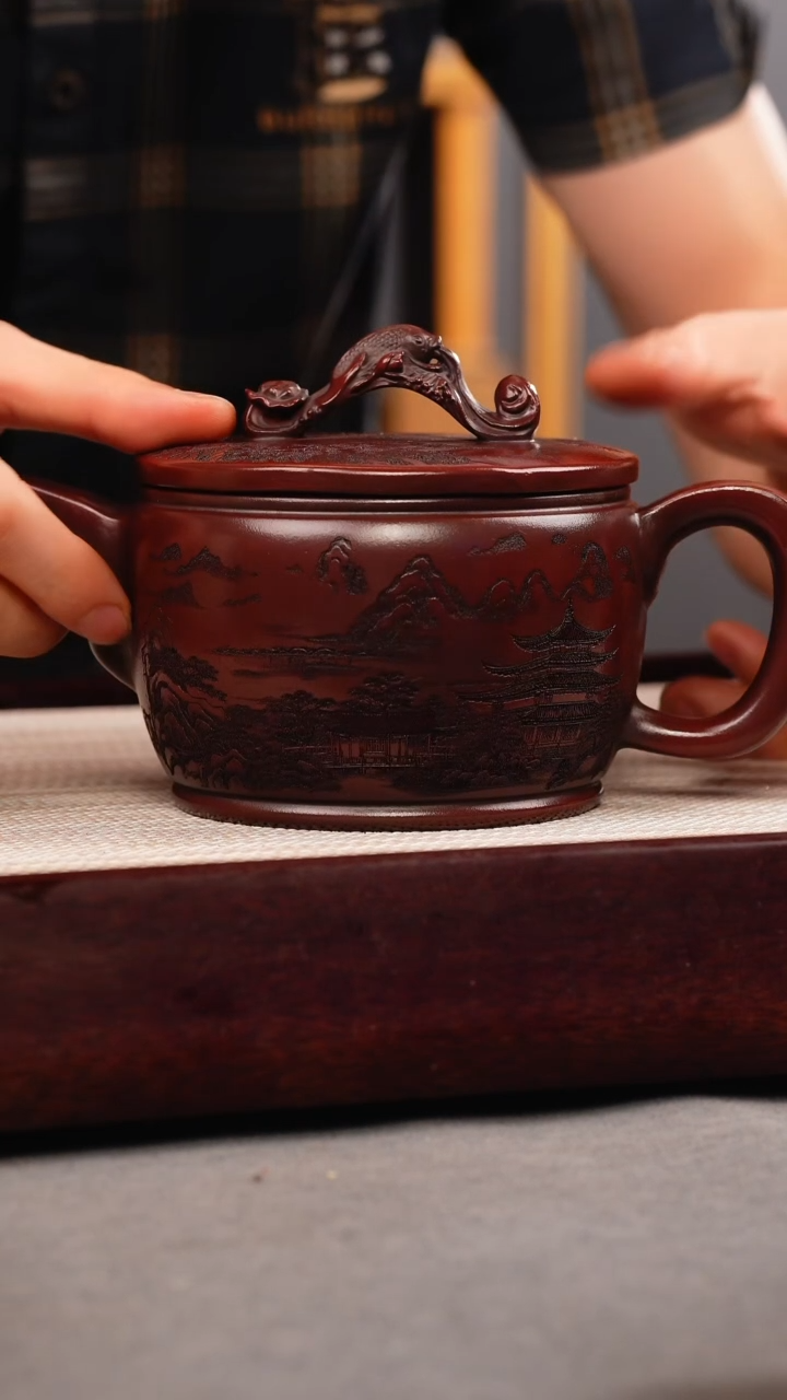 茶壶紫砂铁皮石红 如意汉瓦 刻绘