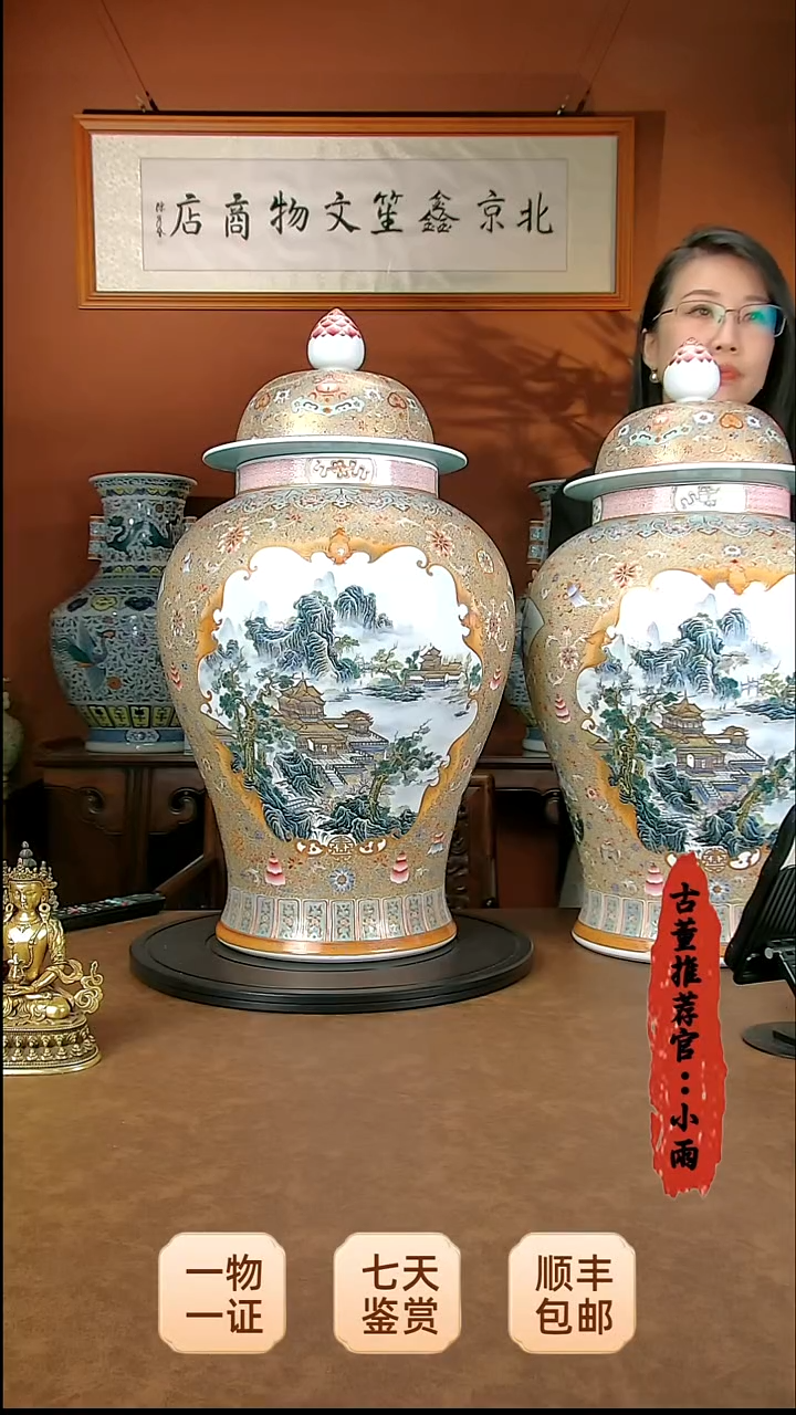 金古月轩珐琅五福开窗山水楼阁将军罐一对