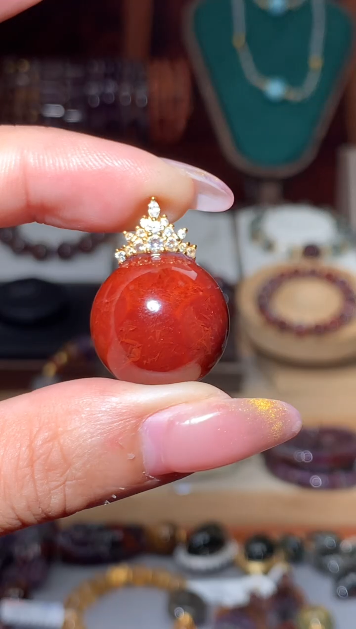 未镶嵌珠宝半成品水晶小*臭红极光玉化眼吊坠20+mm