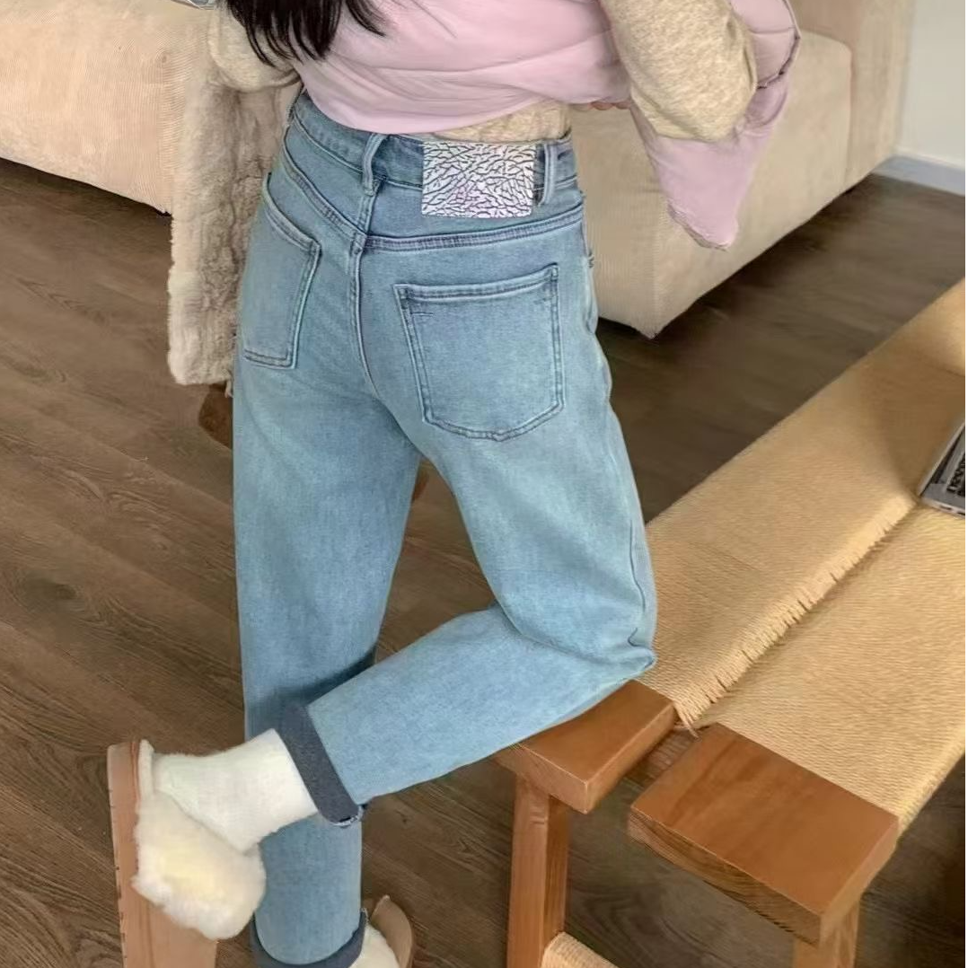 BYY 时尚休闲显瘦中高腰牛仔裤蓝色百搭