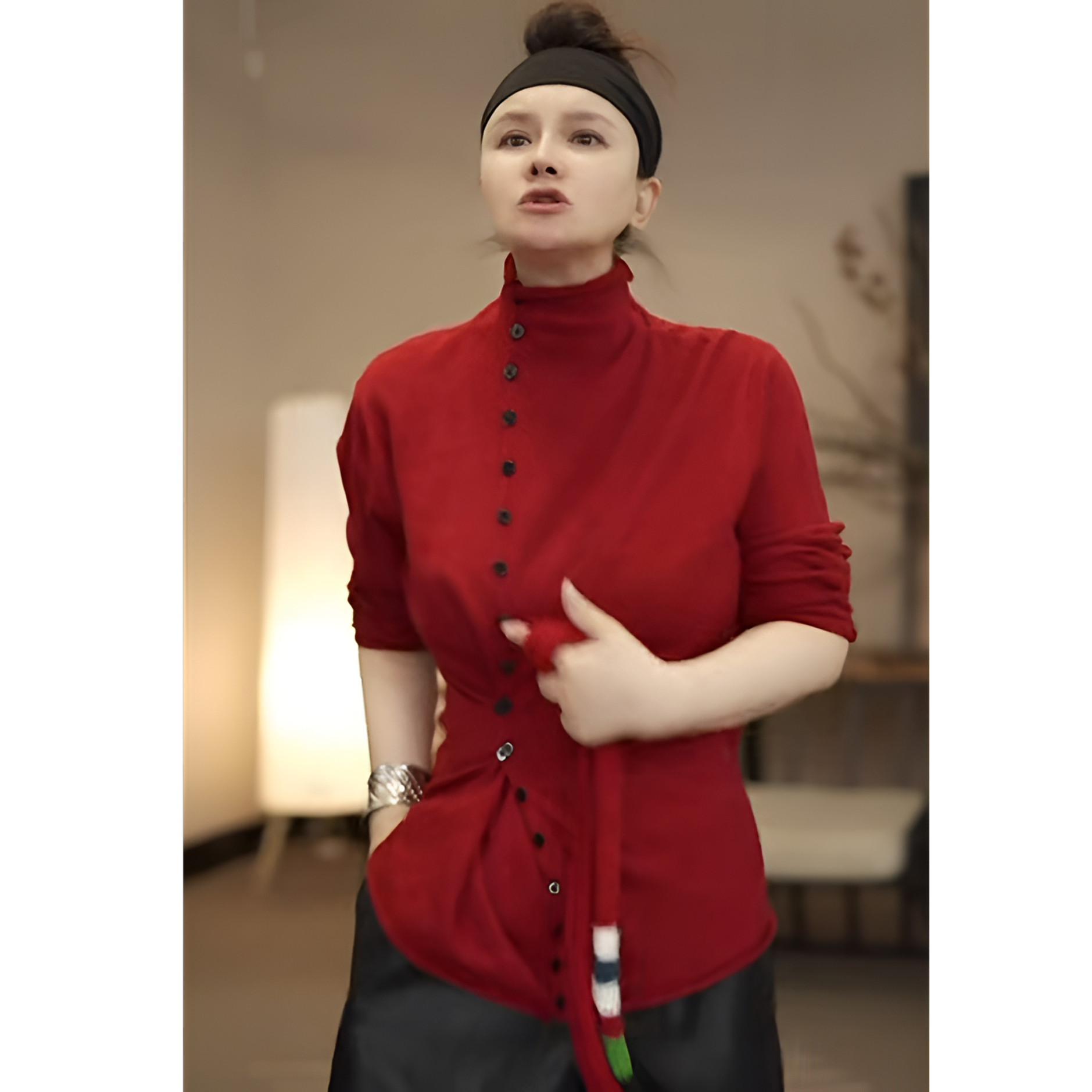 秋冬单排多扣收腰显瘦设计感女款开衫半高领百搭斜口衫