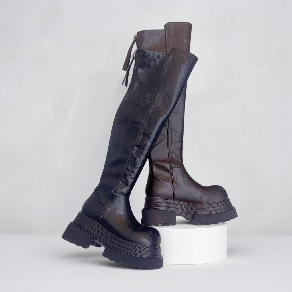 时尚百搭加绒过膝高筒秋冬季靴粗跟长筒靴增高显瘦骑士女士长靴