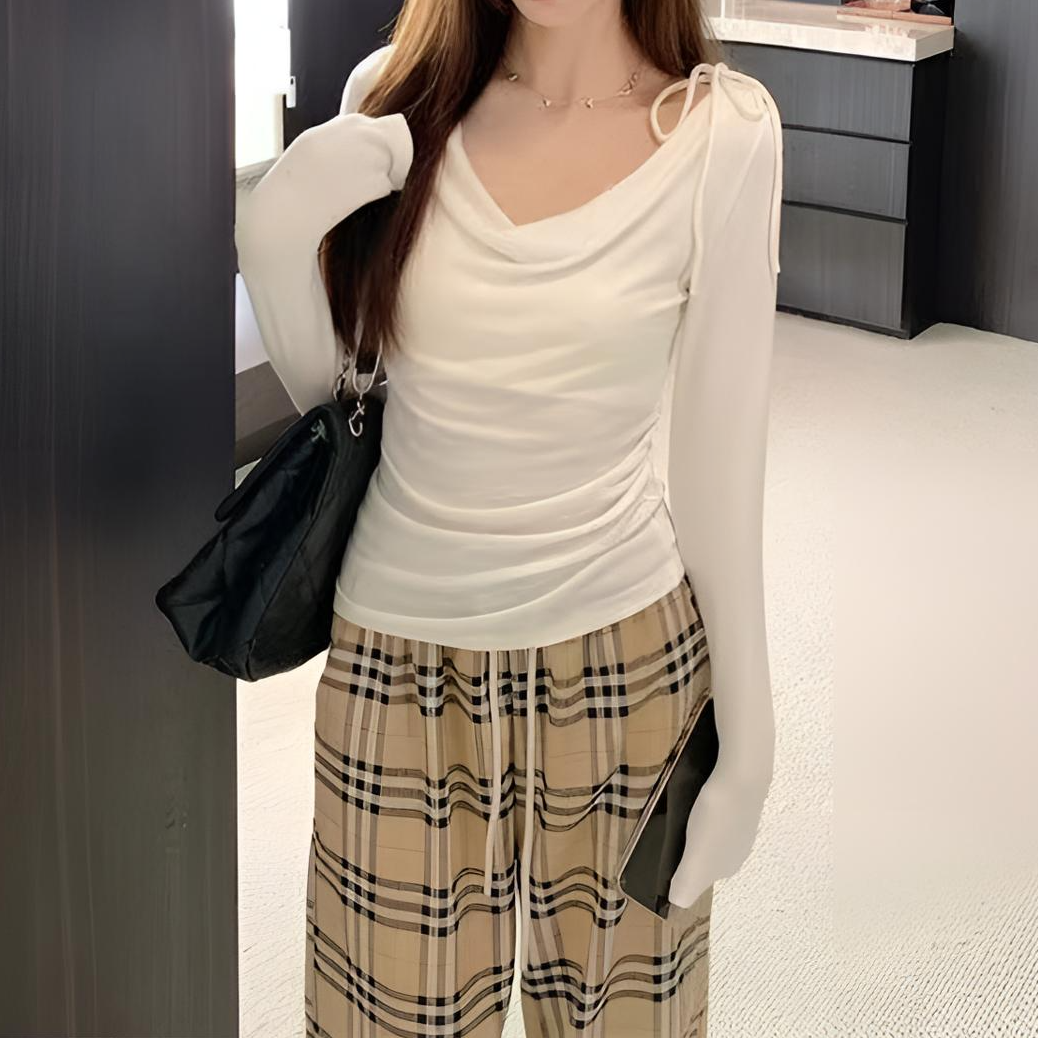 温柔甜妹风蝴蝶结系带荡领长袖T恤女春秋季修身显瘦纯色百搭上衣 