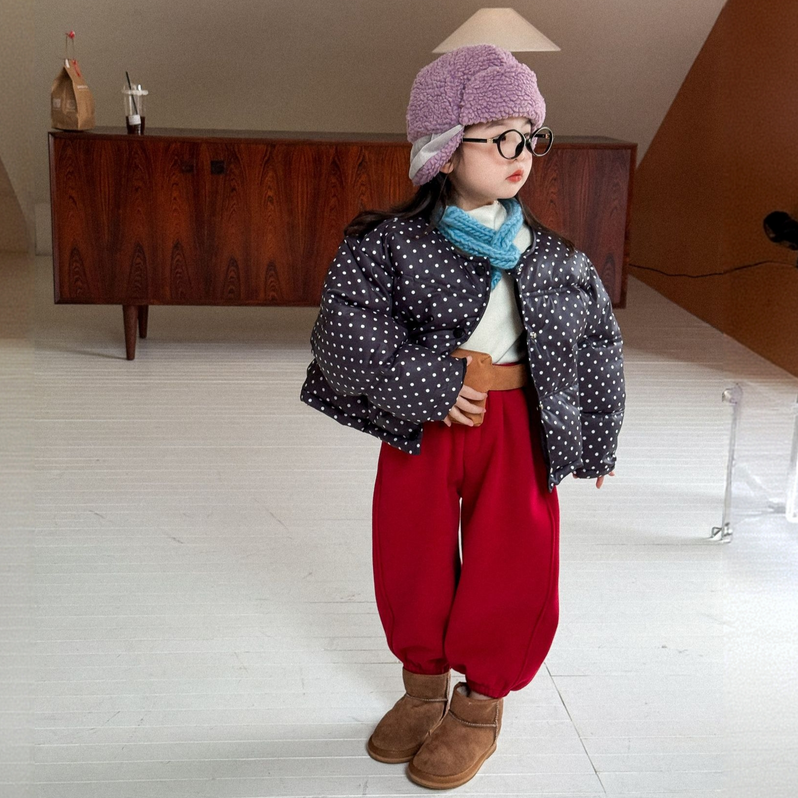 韩系女童冬款洋气波点超厚实宽松版棉服女宝百搭加绒休闲卫裤套装