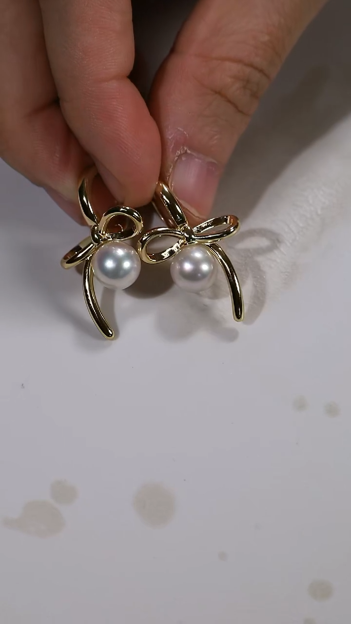 银S925镶嵌耳饰海水珍珠akoya蝴蝶结耳扣