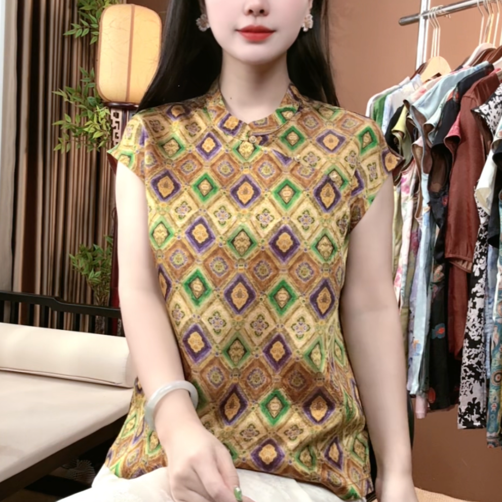 夏季新中式桑蚕丝盘扣短袖时尚提花中国风百搭上衣女S004