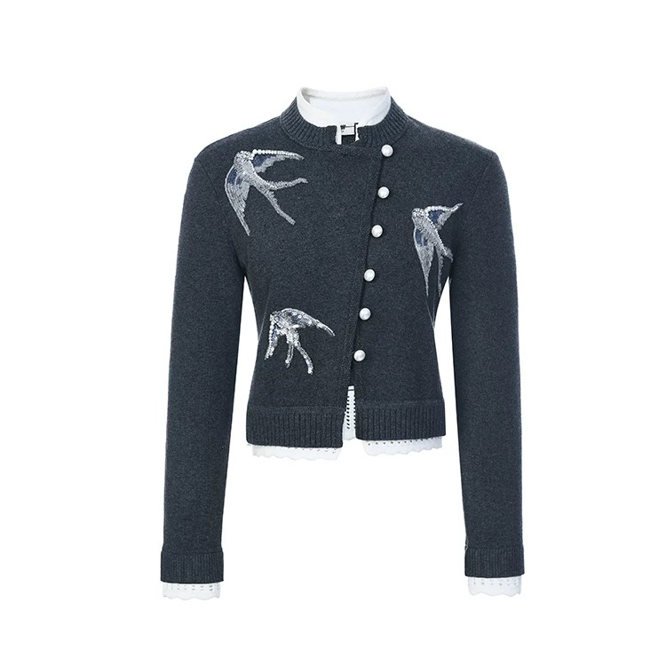 LeFame/拉飞姆2025春斜门襟绣花针织开衫长袖短款LF25C31ZM023