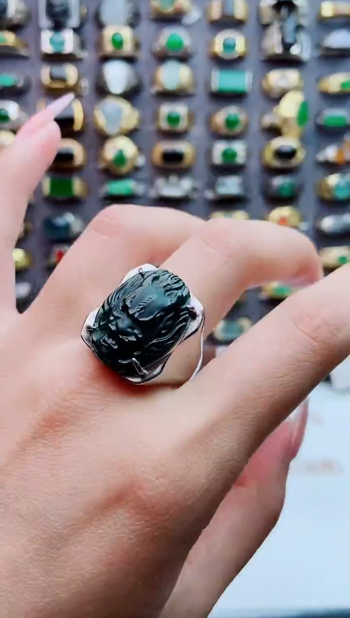 银S925镶嵌戒指翡翠天然翡翠男戒