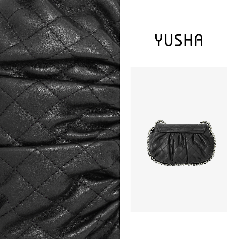 YUSHA/高档大号黑色羊皮褶皱南瓜包-9595圈扣