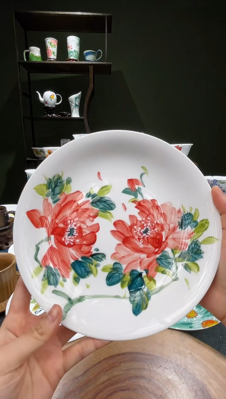 其他景德镇高温釉下彩8英寸窝盘红牡丹