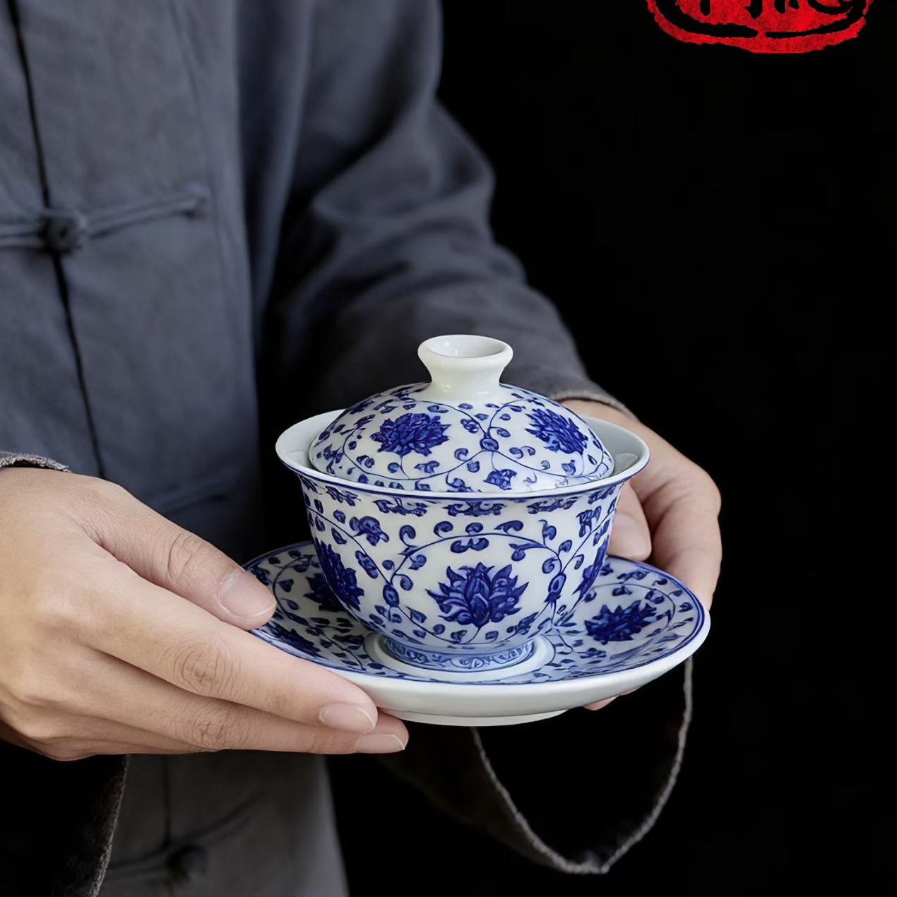 景德镇制青花瓷陶瓷永乐缠枝莲三才元宝盖碗泡茶碗茶杯茶盖碗茶具